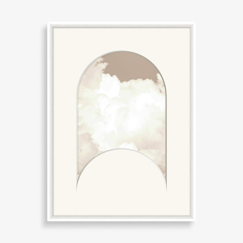Large wall art with organic abstract cut out shape and pastel cloud photography.