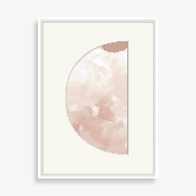 Large wall art with organic abstract cut out shape and pastel cloud photography.