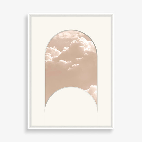 Large wall art with organic abstract cut out shape and pastel cloud photography. 