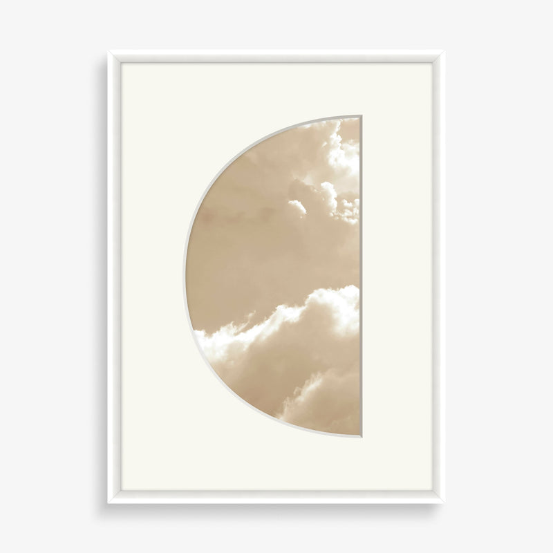 Large wall art with organic cut out shape and pastel cloud photography. 