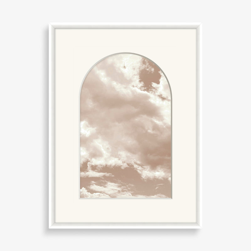 Large wall art featuring organic abstract shape and cloud photography with pastel tones.