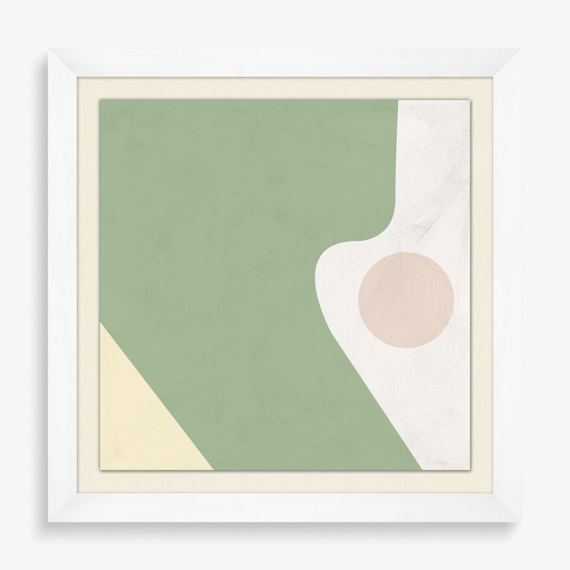 Large wall art featuring abstract green, pink, and yellow shapes.