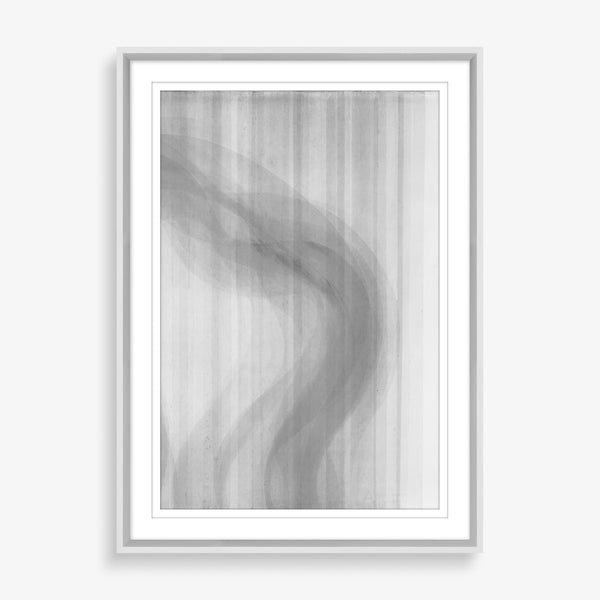 A simple abstract piece featuring grey and white painted lines broken by an organic wave.