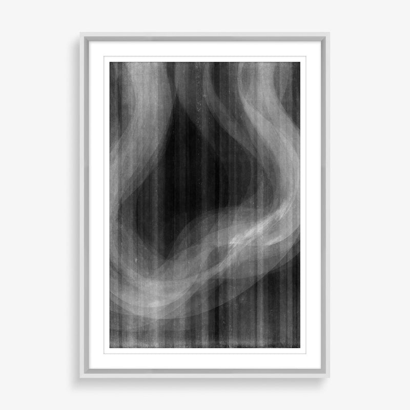 A simple abstract piece featuring black painted lines broken by an organic wave. 
