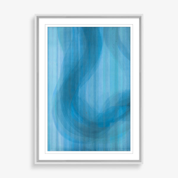 A simple abstract piece featuring blue painted lines broken by an organic wave.