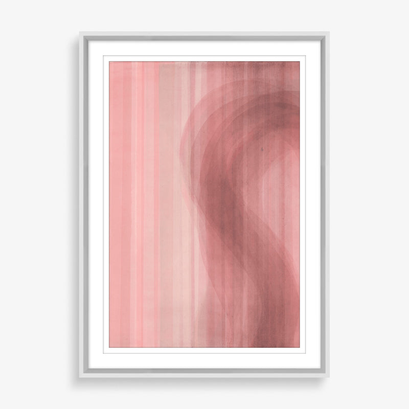 A simple abstract piece featuring grey and white painted lines broken by an organic wave.