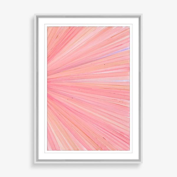Large wall art piece featuring lines of pink and peach paint.