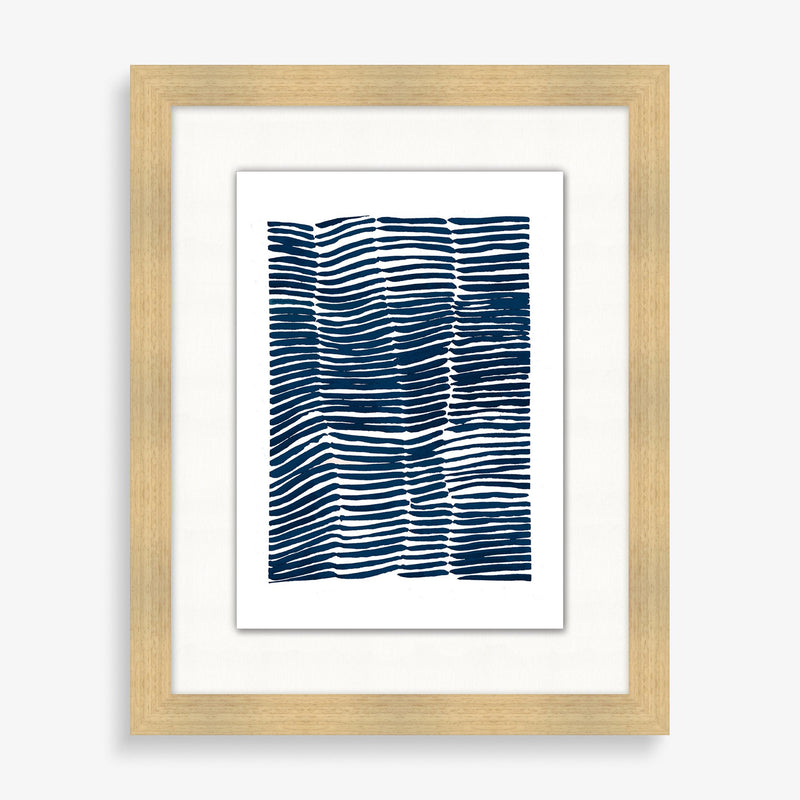 Large wall art piece featuring dark blue water color pattern. 