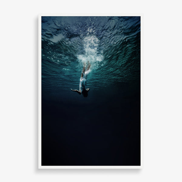 Large wall art piece featuring deep ocean photography with diver. 