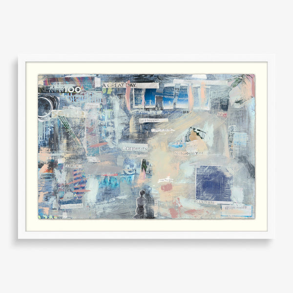 Large abstract wall art featuring mixed media paint and newspaper collage/