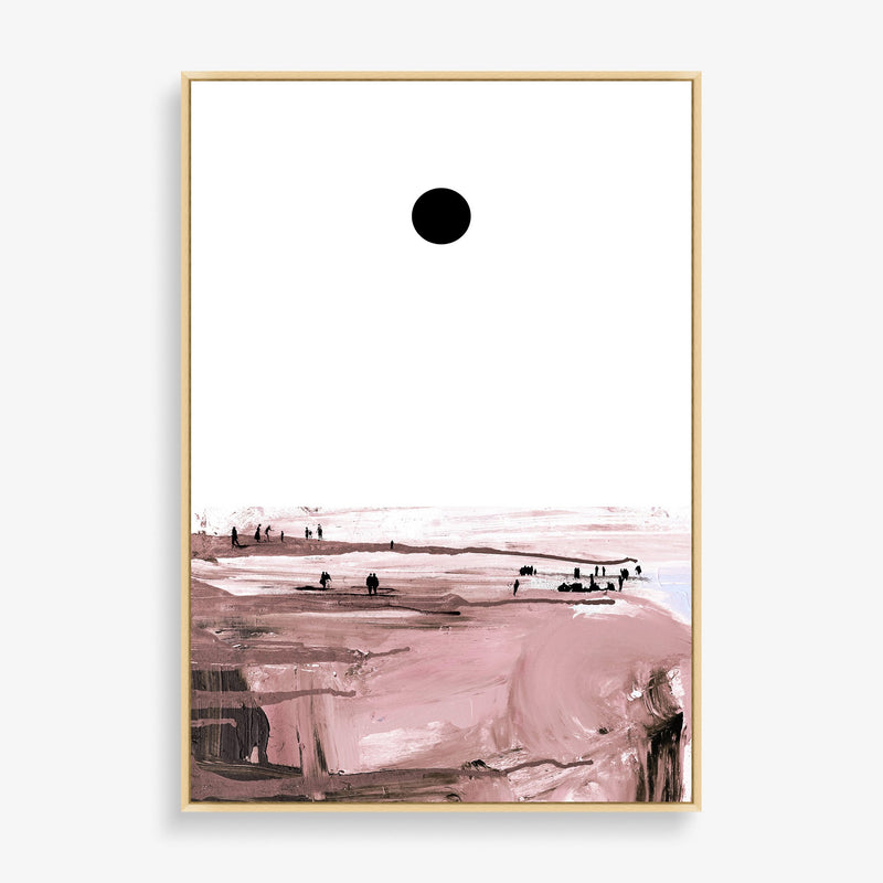 Large abstract wall art featuring beach scene in rose and black. 