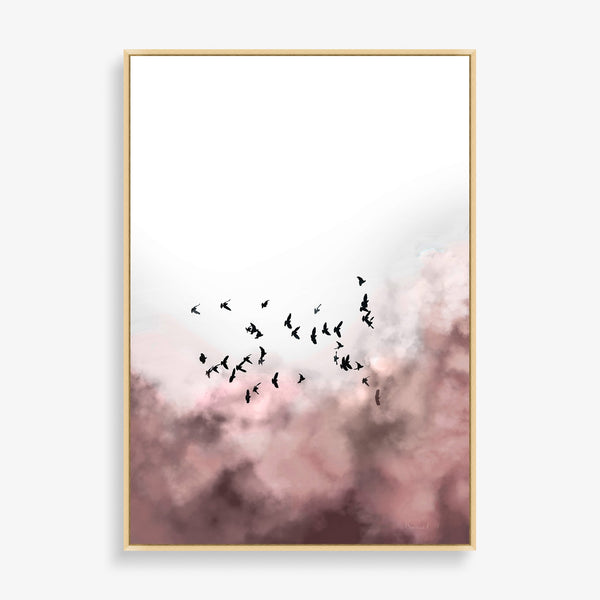 Large abstract wall art featuring birds in rose and black. 