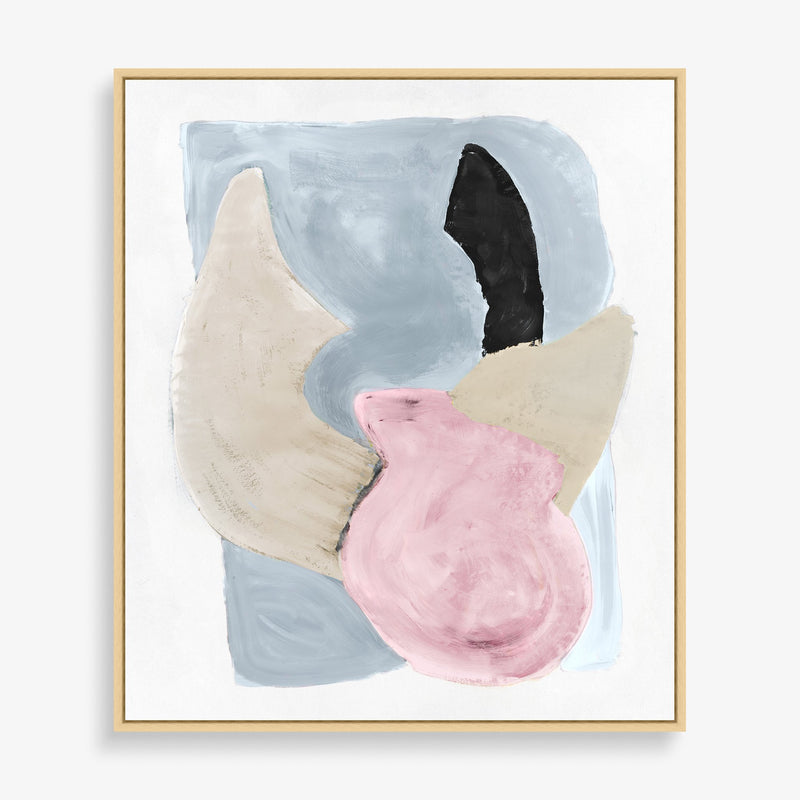 Large abstract wall art featuring pastel pink, blue, black and neutral tones.