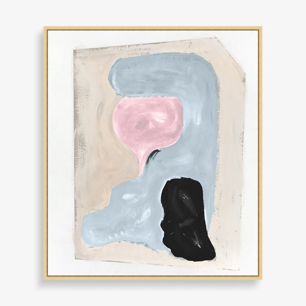 Large abstract wall art featuring pastel pink, blue, black and neutral tones.