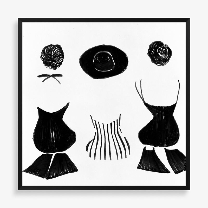 Large wall art featuring vintage female figures in bathing suits in black and white. 