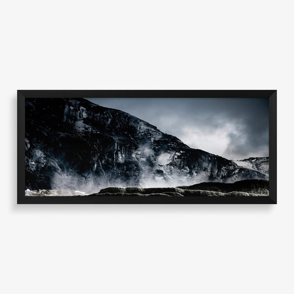 Large wall art featuring photography of a high contrast mountain range. 