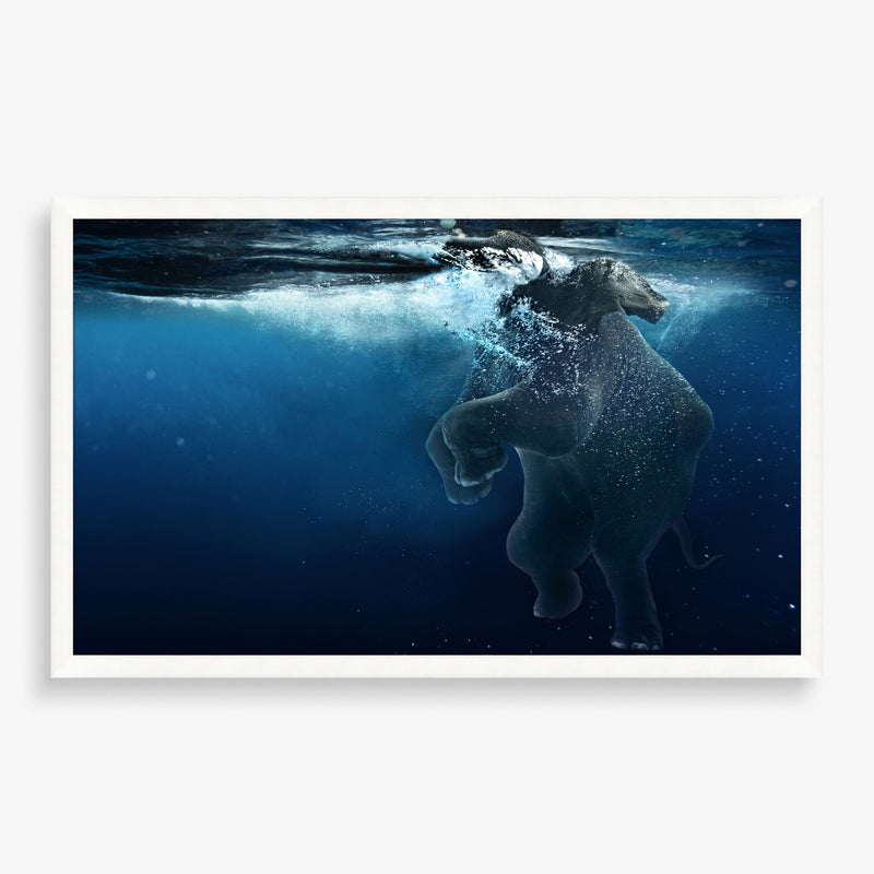 Large wall art piece featuring elephant in water photography.
