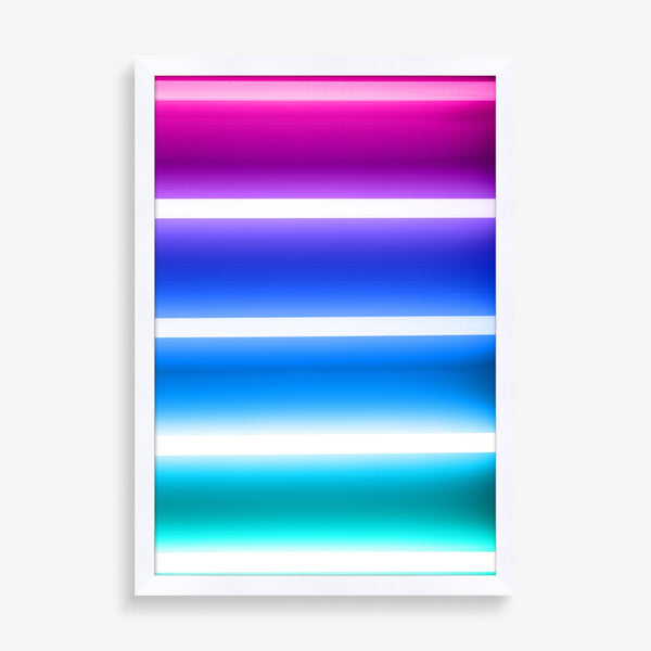 Large wall art piece of abstract neon rainbow panels.