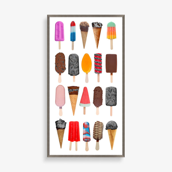 Large wall art featuring ice cream paintings in bright colors. 