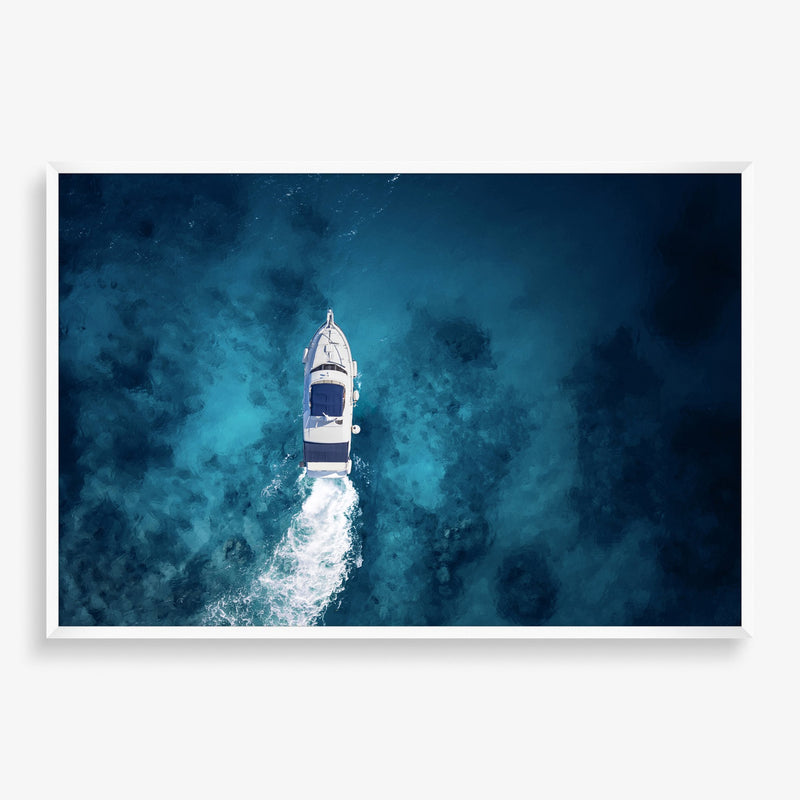 Large wall art featuring European style boat in the blue adriatic ocean with deep color and perspective.
