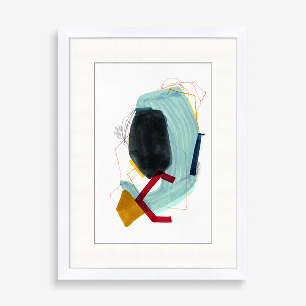 Large wall art featuring abstract shapes and lines with bold primary colors