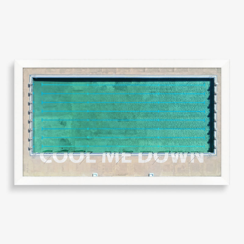 Graphic photography piece with swimming pool and text.