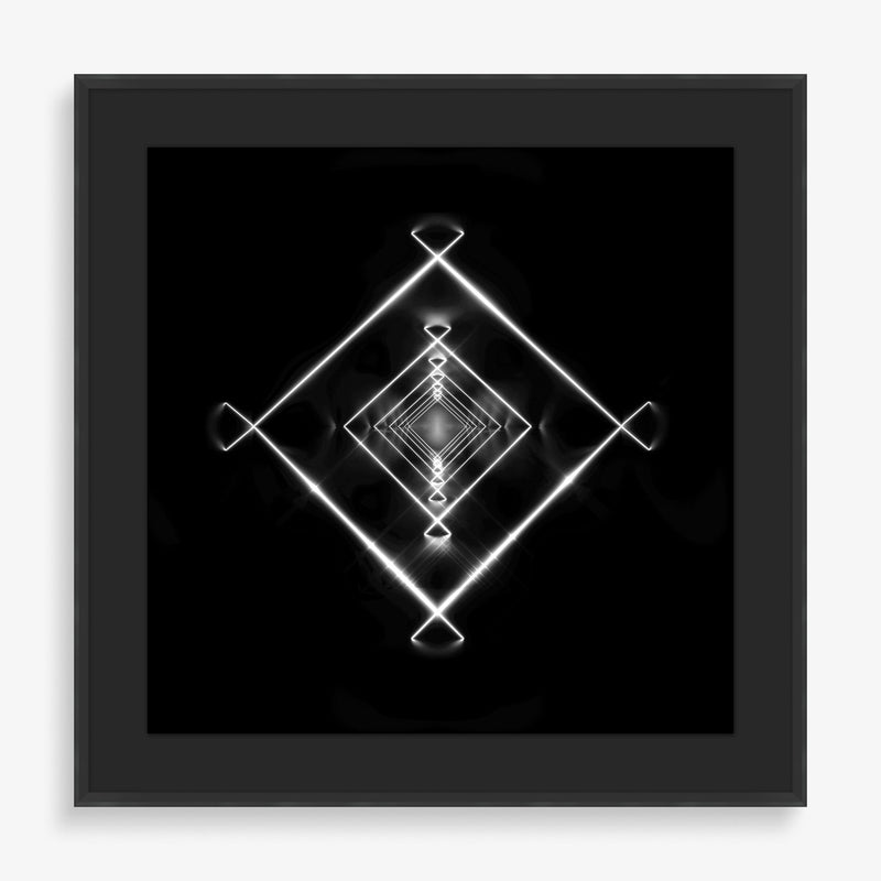 Large wall art piece with glowing lights in a perspective geometric shape. 