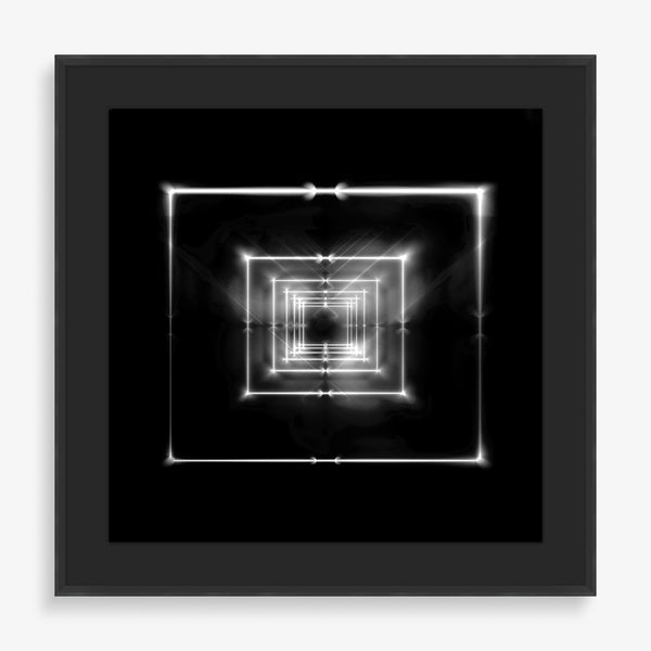 Large wall art piece with glowing lights in a perspective geometric shape. 