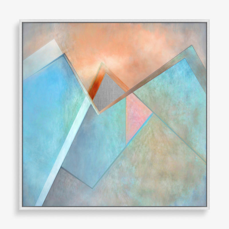 Large wall art piece featuring glowing pastel colors and geometric lines and shapes