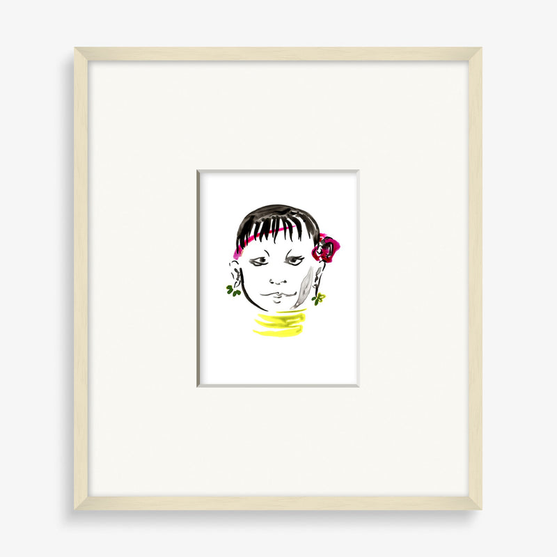 Wall art piece featuring simple portrait paiting in bright primary colors