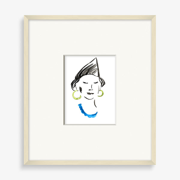 Wall art piece featuring simple portrait paiting in bright primary colors