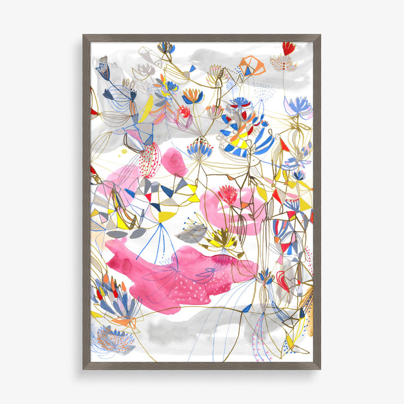 Large wall art piece with bright colors and playful illustrations