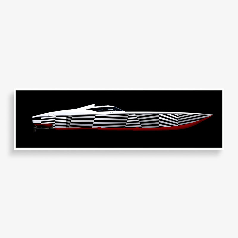 Large wall art featuring a bold abstract yacht design with red accent
