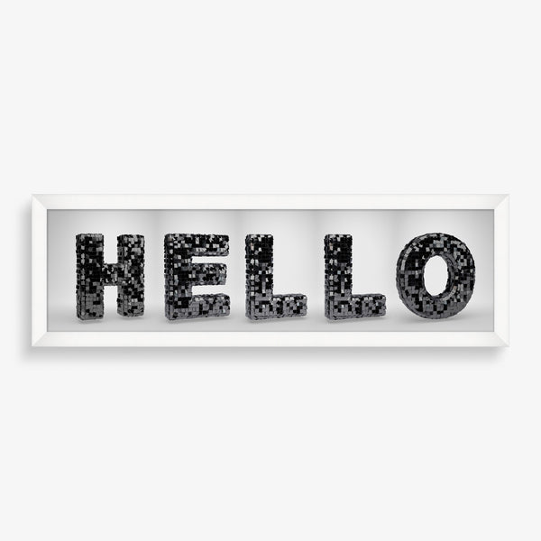 Large wall art featuring Hello spelled out in disco ball style and in black and white