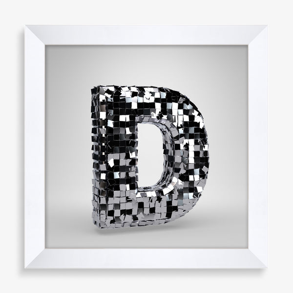 Large wall art featuring alphabet letter in disco ball graphic design and black and white.