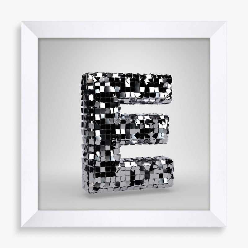 Large wall art featuring alphabet letter in disco ball graphic design and black and white.