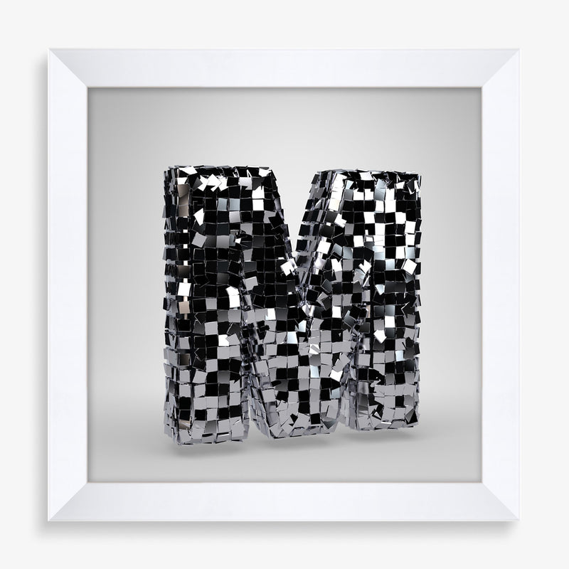 Large wall art featuring alphabet letter in disco ball graphic design and black and white.