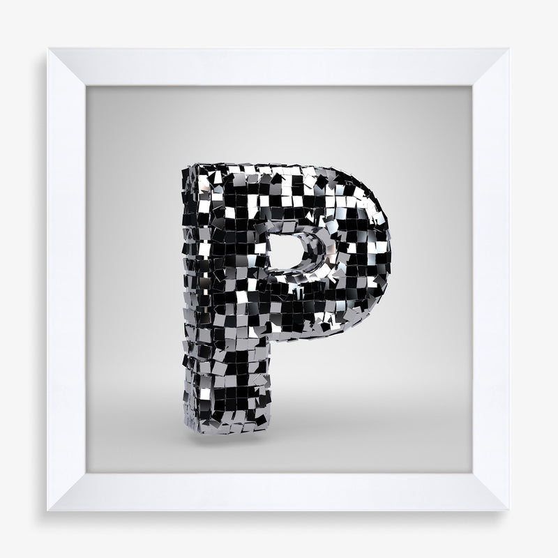 Large wall art featuring alphabet letter in disco ball graphic design and black and white.