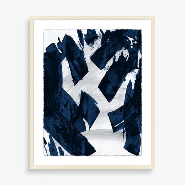 Large wall art featuring dark navy and white abstract shapes
